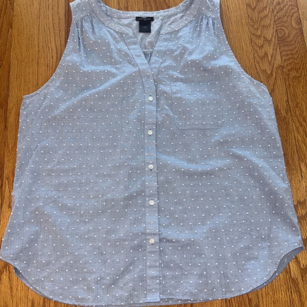Ann Taylor Womens Blouse Top Size Large Light Blue Dot Sleeveless Scoop Neck